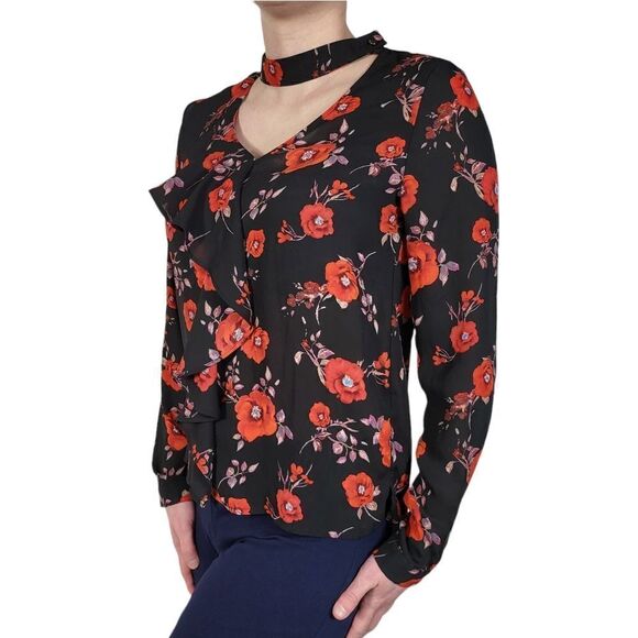 Lipslide Black Floral Neck Choker Long Sleeve Top - Picture 1 of 7